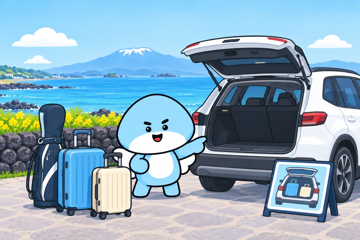 제주 해안을 배경으로 엔젤카 마스코트가 렌터카 트렁크와 여행 가방을 살펴보는 서비스 안내 일러스트