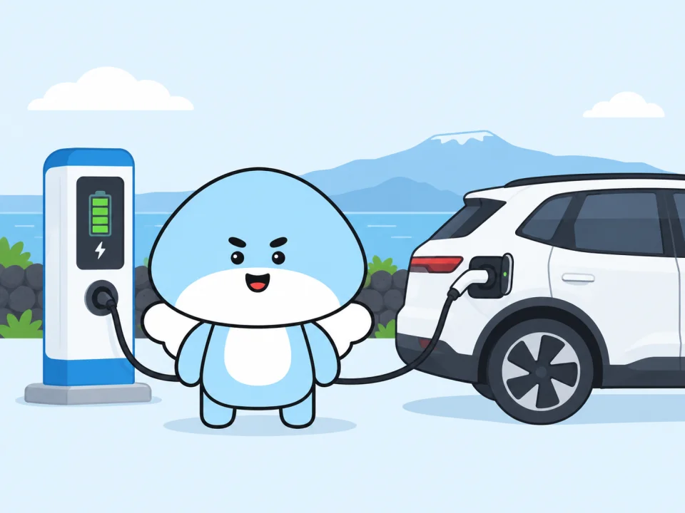 제주에서 충전 중인 전기 렌터카와 엔젤 마스코트